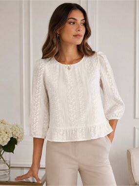 RW&CO. Cream Lace-Texture Peplum Blouse
